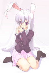 Rule 34 | 1girl, animal ears, arata toshihira, blazer, blurry, blush, rabbit ears, depth of field, female focus, own hands clasped, jacket, light purple hair, long hair, looking up, necktie, own hands together, red eyes, reisen udongein inaba, sitting, socks, solo, touhou, very long hair, wariza