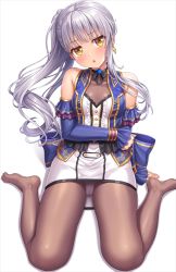 Rule 34 | 1girl, arm support, armlet, back bow, bang dream!, bare shoulders, black ribbon, blue bow, blue flower, blue rose, blue sleeves, blue vest, blush, bodysuit, bodysuit under clothes, bow, breasts, brown pantyhose, chestnut mouth, choker, commentary request, covered collarbone, detached sleeves, dress, earrings, flower, frilled sleeves, frills, full body, hand on lap, head tilt, jewelry, lambda (kusowarota), long hair, looking at viewer, medium breasts, minato yukina, panties, panties under pantyhose, pantyhose, ribbon, ribbon choker, rose, shadow, side ponytail, silver hair, simple background, single earring, sitting, sleeves past wrists, solo, underwear, vest, wariza, white background, white dress, yellow eyes