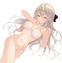 Rule 34 | 1girl, aak, absurdres, blush, bra, braid, breasts, commission, crossed legs, earrings, garter belt, hair ribbon, half-closed eyes, halterneck, hand to own mouth, highres, jewelry, lifted by self, light brown hair, lingerie, long hair, medium breasts, navel, o-ring, o-ring bottom, o-ring panties, original, panties, parted lips, ribbon, side braid, sidelocks, simple background, single earring, solo, sonya (schan), strap lift, thighs, underwear, underwear only, white background, white bra, white panties