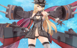 Rule 34 | 10s, 1girl, anchor choker, animal, armpits, bare shoulders, bird, bismarck (kancolle), black panties, blue sky, breasts, brown gloves, cameltoe, cannon, cleavage, cleavage cutout, clothing cutout, cowboy shot, cross, day, detached sleeves, flying, gloves, grey thighhighs, hair between eyes, heart, heart-shaped pupils, heart cutout, highres, iron cross, kantai collection, long sleeves, looking at viewer, machinery, mag (huangmag), md5 mismatch, medium breasts, navel, outstretched arm, panties, sideboob, sky, sleeveless, smile, solo, standing, stomach, symbol-shaped pupils, thighhighs, underwear