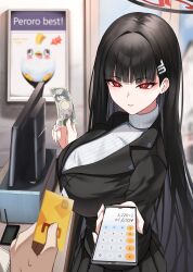Rule 34 | 1boy, 1girl, absurdres, banknote, black hair, black skirt, blue archive, blunt bangs, blush, breasts, commentary, hair ornament, hairclip, halo, highres, holding, holding money, holding phone, jacket, large breasts, long hair, long sleeves, looking at viewer, money, phone, pov, pov hands, rahy, red eyes, rio (blue archive), skirt, sweater, turtleneck, turtleneck sweater, very long hair, white sweater