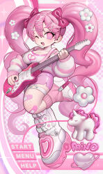 Rule 34 | 1girl, ;d, absurdres, boots, bow, breasts, cleavage, electric guitar, fishnet pantyhose, fishnets, flower, guitar, hair bow, hair flower, hair ornament, hairclip, highres, holding, holding instrument, holding plectrum, instrument, large breasts, leg up, long hair, mino (kirarayakubou), music, one eye closed, open mouth, original, pantyhose, pink bow, pink eyes, pink hair, pink skirt, playing instrument, plectrum, skirt, smile, solo, stuffed animal, stuffed toy, stuffed unicorn, sweater, twintails, white footwear, x hair ornament