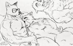 Rule 34 | 2boys, abs, animal ears, ass, bara, billy russell (dickfish), cigarette, completely nude, couple, covering privates, covering crotch, dickfish (fishismdick), dog boy, dog ears, facial hair, fox boy, fox ears, furrification, furry, furry male, furry with furry, glasses, half-closed eyes, highres, john rottweil (dickfish), large pectorals, lying, male focus, mature male, multiple boys, muscular, muscular male, mustache, nipples, nude, on bed, on stomach, original, pectorals, pout, scan, short hair, sideburns, sitting, sketch, sleepy, stomach, thick eyebrows, thick thighs, thighs, traditional media, yaoi