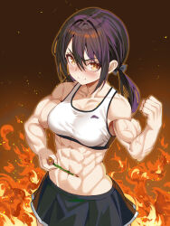 1girl abs black_bow black_hair black_skirt bow brown_eyes clenched_hand closed_mouth commentary_request fiery_background fire from_above hair_bow holding holding_pencil looking_at_viewer low_twintails midriff murata_taichi muscular muscular_female navel original pencil skirt smile sports_bra standing twintails white_sports_bra