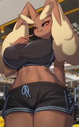 Rule 34 | 1girl, :3, animal nose, arm behind back, black sclera, black shorts, blurry, blurry background, blush, body fur, breasts, brown fur, closed mouth, colored sclera, cowboy shot, creatures (company), curvy, drawstring, female focus, finger to mouth, furry, furry female, game freak, gen 4 pokemon, gym, half-closed eyes, hand up, happy, highres, huge breasts, index finger raised, indoors, large breasts, licking lips, looking at viewer, looking down, lopunny, midriff, navel, nintendo, pokemon, pokemon (creature), rabbit ears, rabbit girl, red eyes, short shorts, shorts, side slit, smile, solo, sports bra, stomach, thick thighs, thighs, tongue, tongue out, tp10, two-tone fur, wide hips, yellow fur