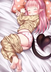 Rule 34 | 1girl, :o, animal print, ass, barefoot, bat print, bed sheet, blush, brown pajamas, brown pants, brown shirt, closed eyes, clothes pull, clothes writing, commentary request, demon girl, demon tail, english text, feet, full body, hands up, highres, long hair, long sleeves, lying, mochiyuki, on side, original, pajamas, pajamas pull, panties, pants, pants pull, parted lips, pillow, pink hair, pointy ears, print pants, print shirt, shirt, soles, solo, tail, toes, underwear, white panties