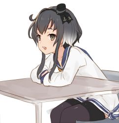 Rule 34 | 1girl, :d, bad id, bad twitter id, bench, black thighhighs, blue sailor collar, commentary request, desk, dress, grey eyes, grey hair, hairband, hat, kantai collection, km yama, long sleeves, looking at viewer, mini hat, neckerchief, open mouth, round teeth, sailor collar, sailor dress, short hair, sidelocks, simple background, sitting, smile, solo, teeth, thighhighs, tied dress, tokitsukaze (kancolle), white background, yellow neckerchief