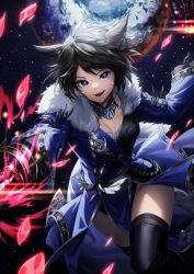 Rule 34 | 1girl, animal ears, black hair, blue eyes, braid, breasts, cat ears, cat girl, cleavage, dress, facial mark, fangs, final fantasy, final fantasy xiv, fur trim, grey hair, highres, holding, holding weapon, jewelry, leaning forward, long sleeves, looking at viewer, magic, medium hair, miqo&#039;te, mole, mole under eye, moon, multicolored hair, necklace, open mouth, red mage (final fantasy), rosa (hoshino), sky, smile, solo, star (sky), starry sky, thighhighs, two-tone hair, warrior of light (ff14), weapon, whisker markings, wide sleeves