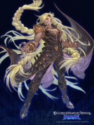Rule 34 | 1boy, beelzebub (granblue fantasy), blonde hair, boots, copyright name, dark-skinned male, dark skin, fingernails, full body, granblue fantasy, granblue fantasy versus: rising, highres, logo, long hair, male focus, minaba hideo, muscular, official art, pants, red eyes, second-party source, sharp fingernails, smile, solo