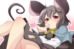 Rule 34 | 1girl, aki (akikaze asparagus), animal ears, blush, capelet, female focus, finger to mouth, grey hair, looking at viewer, lying, mouse ears, mouse tail, nazrin, on back, red eyes, short hair, solo, tail, touhou