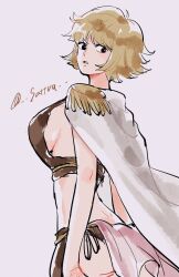 Rule 34 | 1girl, abunaideka, black eyes, blonde hair, blunt bangs, bra, breasts, brown bra, cape, commentary request, cowboy shot, epaulettes, highres, large breasts, looking back, marguerite (one piece), one piece, short hair, sideboob, simple background, solo, twitter username, underwear, white background, white cape