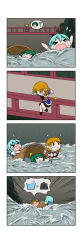 Rule 34 | &gt; &lt;, 3girls, 4koma, ?, ^^^, absurdres, arm warmers, blonde hair, blue hair, blue vest, bridge, bucket, chibi, clenched teeth, comic, dress, emphasis lines, flying sweatdrops, furrowed brow, green hair, hair bobbles, hair ornament, highres, holding, holding bucket, jumping, kisume, layered dress, mizuhashi parsee, multiple girls, o o, open mouth, puffy short sleeves, puffy sleeves, rakugaki-biyori, rescue, river, shirt, short hair, short sleeves, silent comic, solid circle eyes, solid oval eyes, spoken object, spoken character, spoken question mark, struggling, sweatdrop, swimming, tatara kogasa, tears, teeth, touhou, triangle mouth, twintails, vest, weight, white shirt