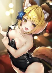 Rule 34 | 1girl, absurdres, animal ear fluff, animal ears, black leotard, blonde hair, blurry, blurry background, blush, breasts, collarbone, commentary request, depth of field, dog ears, dog girl, dog tail, erune, flower, granblue fantasy, hair flower, hair ornament, highres, hyouta (yoneya), lens flare, leotard, looking at viewer, nipple slip, nipples, open mouth, short hair, small breasts, solo, tail, vajra (granblue fantasy), yellow eyes