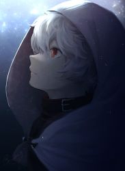 Rule 34 | 1boy, ai wt1229, albino, belt, black bodysuit, bodysuit, breasts, cloak, closed mouth, from side, hood, hood up, hooded cloak, kuga yuuma, light particles, looking away, male focus, portrait, profile, red eyes, short hair, signature, solo, sparkle, white hair, world trigger
