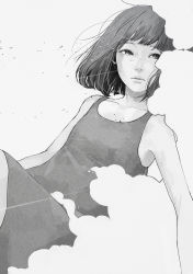 Rule 34 | 1girl, bare shoulders, dress, face, highres, lips, monochrome, original, parted lips, short hair, simple background, solo, tae, tears
