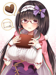Rule 34 | 1girl, black hair, box, candy, chocolate, chocolate heart, cloak, detached sleeves, fate/grand order, fate (series), food, gift, gift box, glasses, hairband, heart, highres, hood, hooded cloak, long hair, looking at viewer, masayo (gin no ame), osakabehime (fate), parted lips, purple eyes, simple background, solo, spoken object, translated, valentine