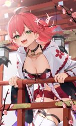 Rule 34 | 1girl, breasts, cleavage, green eyes, hololive, looking at viewer, medium breasts, open mouth, outdoors, pink hair, sakura miko, short hair, smile, solo, thomas 8000, virtual youtuber
