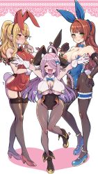 Rule 34 | 3girls, :d, ^ ^, ahoge, animal ears, arm garter, armpits, arms up, backless dress, backless outfit, bare shoulders, beatrix (granblue fantasy), black gloves, black legwear, blonde hair, blush, bow, bowtie, braid, breast curtains, breasts, bridal garter, brown hair, brown legwear, cleavage, clenched hand, closed eyes, covered navel, detached collar, draph, dress, elbow gloves, eyebrows hidden by hair, fake animal ears, full body, garter belt, garter straps, gloves, granblue fantasy, green eyes, hair ornament, hair over one eye, hanauna, hand on own hip, heart, heart pasties, high heels, highres, horns, large breasts, leotard, long hair, looking at viewer, meme attire, multiple girls, nail polish, narmaya (granblue fantasy), open mouth, pantyhose, pasties, playboy bunny, pointy ears, ponytail, purple hair, rabbit ears, rabbit tail, red eyes, ribbed sweater, shiny skin, single braid, skindentation, smile, standing, sweatdrop, sweater, sweater dress, tail, thighhighs, turtleneck, turtleneck sweater, underboob, vira (granblue fantasy), virgin killer sweater, white gloves, wrist cuffs