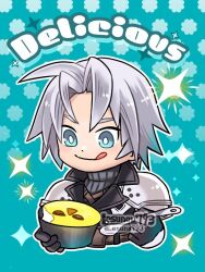 Rule 34 | 1boy, aged down, aqua background, aqua eyes, armor, black gloves, black jacket, chest strap, chocobo, cropped torso, final fantasy, final fantasy vii, final fantasy vii ever crisis, final fantasy vii remake, food, fujiya, gloves, grey hair, holding, holding food, holding spoon, jacket, lesuna, looking at food, male focus, parted bangs, sephiroth, short hair, shoulder armor, smile, solo, sparkle, spoon, tongue, tongue out, turtle, upper body