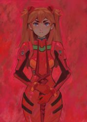 Rule 34 | 1girl, blue eyes, bodysuit, commentary, effy neprin, freckles, highres, holding, holding polearm, holding weapon, interface headset, lance of longinus (evangelion), long hair, looking at viewer, neon genesis evangelion, pilot suit, plugsuit, polearm, red background, red bodysuit, red hair, solo, souryuu asuka langley, standing, straight-on, twintails, weapon