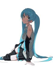 Rule 34 | 1girl, absurdres, aqua eyes, aqua hair, arm support, bad id, bad twitter id, bare shoulders, black thighhighs, detached sleeves, domo1220, hatsune miku, highres, long hair, looking at viewer, necktie, pleated skirt, sitting, skirt, smile, solo, tattoo, thighhighs, twintails, very long hair, vocaloid, yokozuwari