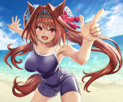 Rule 34 | 1girl, :d, animal ears, armpits, beach, blue one-piece swimsuit, blue sky, breasts, cloud, cloudy sky, crown, daiwa scarlet (umamusume), horse ears, horse girl, horse tail, large breasts, long hair, looking at viewer, one-piece swimsuit, open mouth, orange hair, outdoors, pink eyes, sand, school uniform, sky, smile, solo, swimsuit, tail, twintails, umamusume, uousa-ou, water, wet