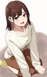 Rule 34 | 1girl, :d, ankle socks, arrow (symbol), blush, bob cut, breasts, brown eyes, brown hair, brown skirt, collarbone, commentary request, earrings, highres, jewelry, kapatarou, long sleeves, looking at viewer, open mouth, original, ribbed shirt, shirt, skirt, sleeves past wrists, small breasts, smile, socks, solo, thick eyebrows, white background, white shirt, yellow socks