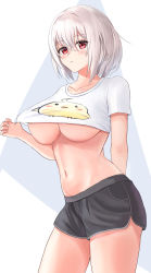 Rule 34 | 1girl, alternate costume, arm behind back, azur lane, bad id, bad pixiv id, black shorts, blush, breasts, character print, closed mouth, collarbone, commentary, cowboy shot, crop top, dolphin shorts, groin, hair between eyes, highres, large breasts, looking at viewer, manjuu (azur lane), navel, red eyes, shirt, shirt tug, short hair, short shorts, short sleeves, shorts, sidelocks, sirius (azur lane), solo, standing, stomach, t-shirt, underboob, white background, white hair, yamamoto warabi