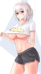 1girl alternate_costume arm_behind_back azur_lane bad_id bad_pixiv_id black_shorts blush breasts character_print closed_mouth collarbone commentary cowboy_shot crop_top dolphin_shorts groin hair_between_eyes highres large_breasts looking_at_viewer manjuu_(azur_lane) navel red_eyes shirt shirt_tug short_hair short_shorts short_sleeves shorts sidelocks sirius_(azur_lane) solo standing stomach t-shirt underboob white_background white_hair yamamoto_warabi