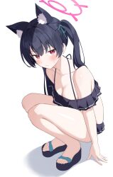 Rule 34 | 1girl, absurdres, animal ear fluff, animal ears, bare arms, bare legs, bare shoulders, bikini, black bikini, black hair, blue archive, blush, breasts, cat ears, cleavage, closed mouth, extra ears, frilled bikini, frills, full body, halo, highres, long hair, looking at viewer, official alternate costume, pink halo, red eyes, sandals, serika (blue archive), serika (swimsuit) (blue archive), simple background, solo, squatting, swimsuit, toes, tsubaki 0317, twintails, white background