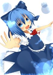 Rule 34 | 1girl, akisha, bad id, bad pixiv id, blue eyes, blue hair, blush, bow, cirno, hair bow, heart, heart-shaped pupils, highres, ice, ice wings, matching hair/eyes, open mouth, short hair, short sleeves, smile, solo, symbol-shaped pupils, touhou, wings