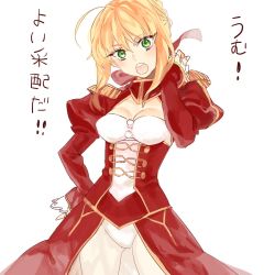 Rule 34 | 10s, 1girl, ahoge, bad id, bad pixiv id, blonde hair, breasts, buun ko, cleavage, dress, epaulettes, fate/extra, fate (series), green eyes, hair ribbon, hand on own hip, long sleeves, nero claudius (fate), nero claudius (fate) (all), nero claudius (fate/extra), open mouth, panties, ribbon, see-through, solo, underwear, white background