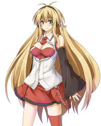 Rule 34 | 1girl, antenna hair, bare shoulders, blonde hair, blush, breasts, cleavage, cleavage cutout, clothing cutout, cowboy shot, detached sleeves, flask (pandora), green eyes, headphones, highres, long hair, long sleeves, looking at viewer, necktie, red necktie, red skirt, red thighhighs, shirt, simple background, single thighhigh, skirt, smile, solo, tachi-e, thighhighs, tsurumaki maki, unzipped, very long hair, vocaloid, voiceroid, white background, white shirt, wide sleeves