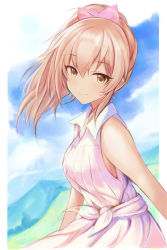 Rule 34 | 1girl, bare shoulders, blush, bow, breasts, commission, dress, hair bow, idolmaster, idolmaster cinderella girls, jougasaki mika, looking at viewer, medium breasts, nannacy7, pink dress, pink hair, pixiv commission, ponytail, smile, solo, strapless, strapless dress, yellow eyes