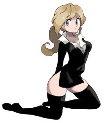 Rule 34 | 10s, 1girl, anpolly, arms behind back, ass, black shirt, black thighhighs, breasts, brown hair, collarbone, creatures (company), feet, game freak, grey eyes, hip focus, kneeling, knees, legs, long hair, nintendo, pokemon, pokemon xy, ponytail, serena (pokemon), shirt, solo, thighhighs, thighs, wide hips