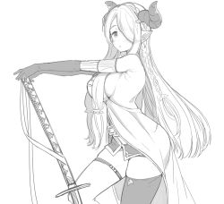 Rule 34 | 10s, 1girl, bad id, bad pixiv id, bare shoulders, blush, braid, breasts, draph, female focus, granblue fantasy, greyscale, hair over one eye, highres, holding, holding sword, holding weapon, horns, katana, large breasts, long hair, looking at viewer, monochrome, narmaya (granblue fantasy), parted lips, pointy ears, sakiyo cake, sideboob, simple background, single thighhigh, solo, standing, sword, thighhighs, weapon, white background