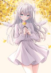Rule 34 | 1girl, blue eyes, blue nails, blush, commission, dress, grey hair, halo, highres, hiuzawa reira, indie virtual youtuber, long sleeves, nakaji (user snap3353), skeb commission, smile, solo, two side up, virtual youtuber, white dress, yellow leaves