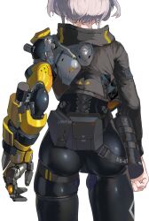 Rule 34 | 1girl, absurdres, arms at sides, ass, belt, belt pouch, black jacket, black pants, commentary request, cropped jacket, cyborg, facing away, from behind, grey hair, high collar, highres, jacket, mechanical arms, original, pants, pouch, science fiction, short hair, simple background, single mechanical arm, skin tight, thigh strap, white background, yunimaru