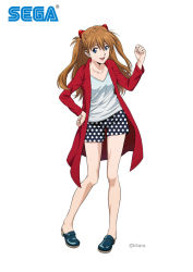 Rule 34 | 1girl, blue eyes, breasts, brown hair, casual, copyright name, hand on own hip, interface headset, long hair, neon genesis evangelion, official art, open mouth, polka dot, polka dot shorts, promotional art, sega, shorts, sidelocks, simple background, smile, solo, souryuu asuka langley, twintails, two side up, upper body, very long hair, white background, wide hips
