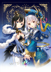 Rule 34 | 2girls, :d, albino, black hair, blue background, blue eyes, border, bow, bowtie, breasts, cancer (constellation), capelet, cleavage, cloak, constellation, cowboy shot, crescent, crown, crystal, d:, detached sleeves, dress, feathers, gradient background, hair ornament, hanekoto, hat, head tilt, heart, highres, hood, hood down, hooded cloak, jewelry, lock, long hair, long sleeves, looking at viewer, multiple girls, open mouth, original, padlock, paint, pendant, print dress, print headwear, puff and slash sleeves, puffy sleeves, red eyes, smile, star (sky), star (symbol), starry sky print, sun symbol, symmetrical pose, white hair, wide sleeves