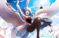 Rule 34 | 1girl, absurdres, angel wings, animal ear fluff, animal ears, arm up, armpits, black leotard, black pantyhose, blue hair, braid, breasts, carrot hair ornament, clothing cutout, creature, don-chan (usada pekora), feathered wings, flying, food-themed hair ornament, hair ornament, highres, hikimayu, holding, holding microphone, hololive, leotard, leotard under clothes, long hair, looking at viewer, microphone, multicolored hair, open mouth, orange eyes, pantyhose, playboy bunny, rabbit, rabbit-shaped pupils, rabbit ears, rabbit girl, short eyebrows, small breasts, smile, solo, strapless, strapless leotard, swept bangs, symbol-shaped pupils, thick eyebrows, twin braids, twintails, two-tone hair, underboob cutout, usada pekora, usada pekora (1st costume), virtual youtuber, wanne, white hair, white wings, wings