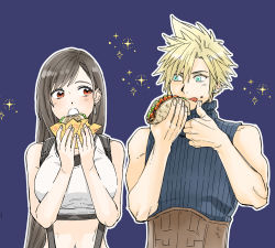 Rule 34 | 1boy, 1girl, bare shoulders, black hair, blonde hair, blue background, blue eyes, blush, breasts, burger, cloud strife, couple, crop top, earrings, eating, final fantasy, final fantasy vii, final fantasy vii remake, food, food on face, holding, holding food, jewelry, large breasts, long hair, looking at another, midriff, navel, open mouth, red eyes, shouyu (soysoy), sleeveless, sleeveless turtleneck, spiked hair, suspenders, tank top, tifa lockhart, tongue, tongue out, turtleneck, white tank top