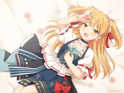 Rule 34 | 1girl, :d, arm up, bed sheet, blonde hair, blue dress, blush, bow, breasts, collarbone, commentary request, dress, earrings, flower, flower bracelet, flower earrings, green eyes, hair flower, hair ornament, holding, holding flower, idolmaster, idolmaster cinderella girls, idolmaster poplinks, jewelry, jougasaki rika, kaiware-san, long hair, looking at viewer, lying, on back, open mouth, pink flower, puffy short sleeves, puffy sleeves, red bow, shirt, short sleeves, sleeveless, sleeveless dress, small breasts, smile, solo, teeth, twitter username, two side up, upper teeth only, very long hair, white flower, white shirt