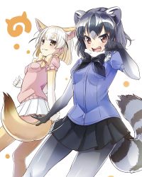 Rule 34 | 10s, 2girls, :3, :d, absurdres, animal ears, black bow, black bowtie, black gloves, black hair, black skirt, blonde hair, blue shirt, blush, bow, bowtie, breast pocket, brown eyes, common raccoon (kemono friends), cowboy shot, extra ears, fennec (kemono friends), fox ears, fox tail, fur collar, gloves, grey hair, hand up, highres, japari symbol, kemono friends, looking at viewer, miniskirt, multiple girls, open mouth, pantyhose, paw pose, pink sweater, pleated skirt, pocket, raccoon ears, raccoon tail, sangatsu (sangatsu 05), shirt, short hair, short sleeves, skirt, smile, sweater, tail, teeth, thighhighs, white background, white gloves, white skirt, yellow bow, yellow bowtie, yellow legwear, zettai ryouiki