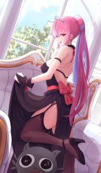 Rule 34 | 1girl, absurdres, ahoge, ankle strap, backless dress, backless outfit, blue hair, blush, bow, braid, breasts, clothes lift, couple, daran9, dress, dress lift, earrings, frills, garter belt, garter straps, gloves, high heels, highres, hololive, jewelry, large breasts, long hair, looking at viewer, minato aqua, multicolored hair, neko (minato aqua), open mouth, partially fingerless gloves, pink hair, ponytail, purple eyes, purple hair, ribbon, solo, streaked hair, thighhighs, thighs, tiara, two-tone hair, virtual youtuber, wrist ribbon