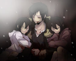 Rule 34 | 1boy, 2girls, bad id, bad pixiv id, blood, brother and sister, durarara!!, closed eyes, glasses, hirasaka (artist), hirasaka ine, multiple girls, orihara izaya, orihara kururi, orihara mairu, siblings, sisters, tears, twins