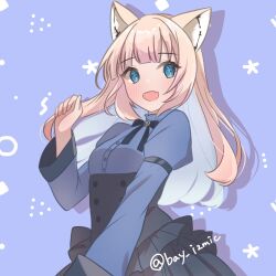 Rule 34 | 1girl, animal ears, bei (xwxx8222), blonde hair, blue eyes, blunt bangs, bodice, clock hands, commission, fang, fox ears, fox girl, frills, highres, long hair, neckwear request, prism project, sidelocks, signature, skin fang, solo, symbol-shaped pupils, tokimori aoi, virtual youtuber