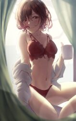 Rule 34 | 1girl, absurdres, backlighting, blurry, blurry foreground, blush, bow, bow bra, bra, breasts, brown hair, clothes pull, coffee mug, collarbone, cup, curtains, depth of field, dress shirt, half-closed eyes, highres, higuchi madoka, holding, holding cup, idolmaster, idolmaster shiny colors, indoors, knee up, lingerie, looking at viewer, misanga (hxjd5354), mole, mole under eye, mug, navel, no pants, off shoulder, open mouth, panties, red bra, red eyes, red panties, shirt, shirt pull, short hair, sitting, small breasts, smile, solo, unbuttoned sleeves, underwear, wavy hair, white shirt, window