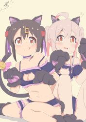 Rule 34 | 2girls, :q, ahoge, animal ear fluff, animal ears, animal hands, bare legs, bare shoulders, bell, black bra, black choker, black hair, black pantyhose, bra, breasts, brown eyes, cat cutout, cat ears, cat lingerie, cat tail, choker, cleavage cutout, clothing cutout, commentary, cosplay, frilled bra, frilled choker, frilled panties, frills, gloves, grey hair, hair between eyes, hair ornament, hairclip, highres, jingle bell, kebakebasan, light blush, medium breasts, meme attire, multiple girls, navel, official alternate costume, onii-chan wa oshimai!, open mouth, oyama mahiro, oyama mahiro (cosplay), oyama mihari, panties, pantyhose, paw gloves, pink hair, purple hair, siblings, simple background, sisters, sitting, smile, stomach, strap slip, tail, tail bell, tail ornament, tongue, tongue out, underwear, wariza, yellow background