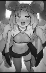 Rule 34 | 1girl, absurdres, bike shorts, blush, bow-shaped hair, character hair ornament, creatures (company), game freak, greyscale, hair ornament, highres, iono (pokemon), jacket, long hair, looking at viewer, monochrome, multicolored hair, navel, nintendo, niwarhythm, open mouth, pokemon, pokemon sv, sharp teeth, shirt, single thighhigh, sleeveless, sleeveless shirt, sleeves past fingers, sleeves past wrists, solo, teeth, thighhighs, two-tone hair